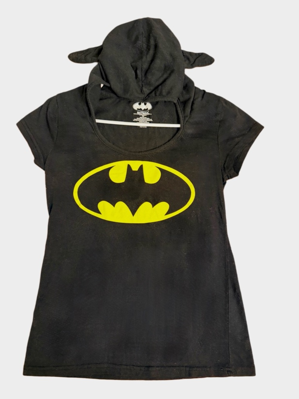 Batman 🦇 Black Hooded T-Shirt with Bat Ears – Women’s Short Sleeve Graphic Top🖤